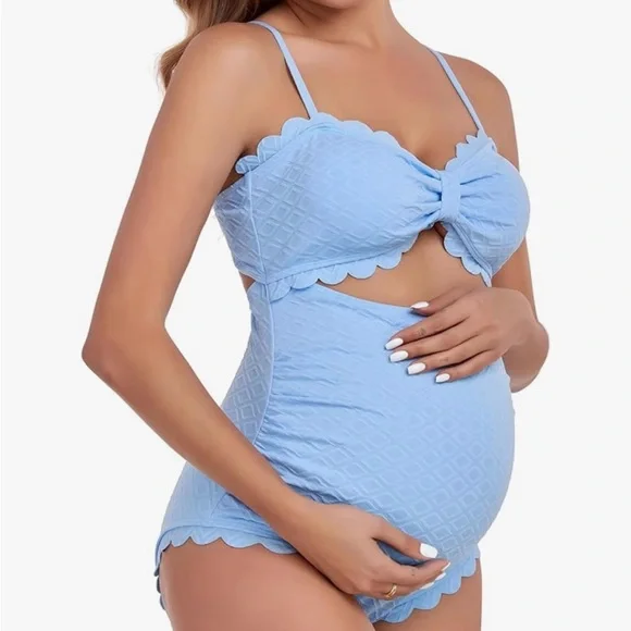 Light Blue Scalloped Maternity Swimsuit - Picture 3 of 6